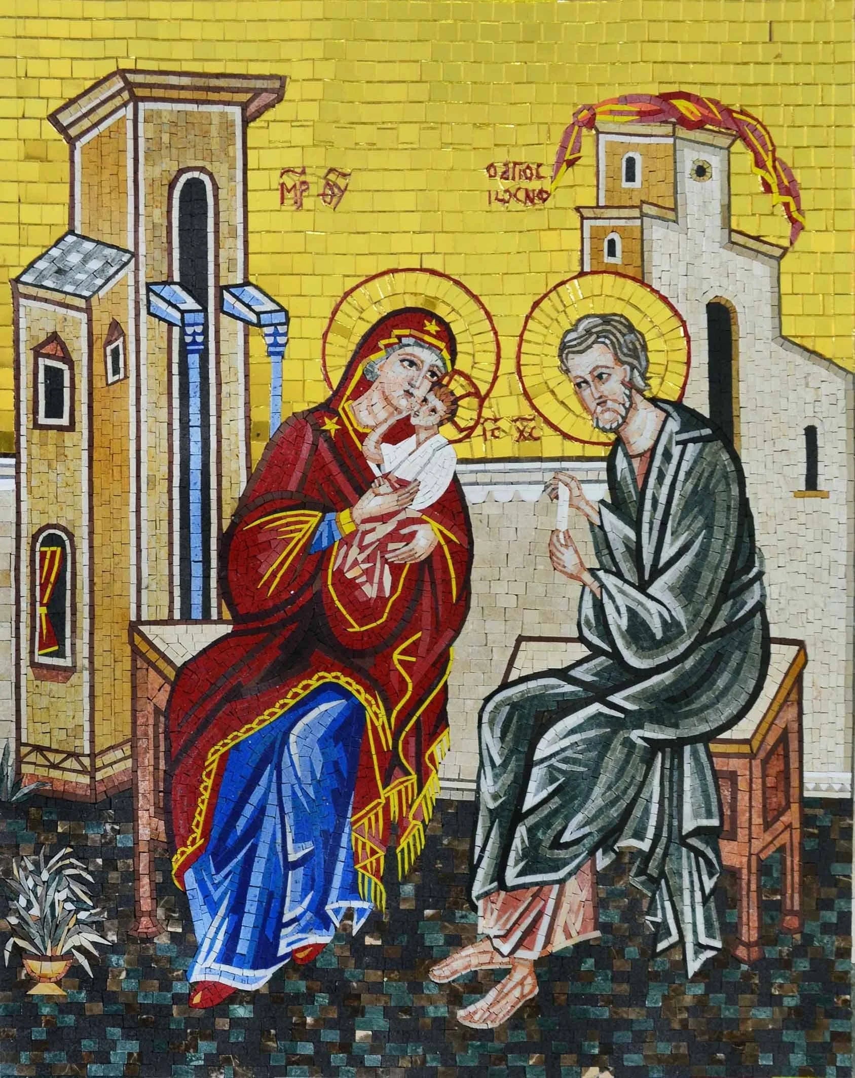 Arte en mosaico de vidrio y mármol de la Sagrada Familia