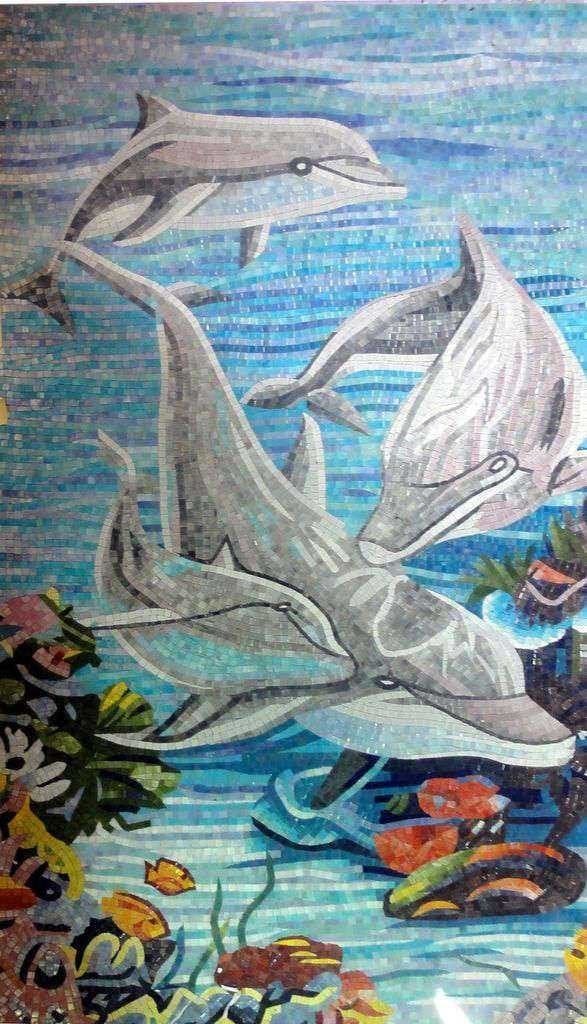 Dolphins Playing in the Sea - Glass Mosaic Mozaico