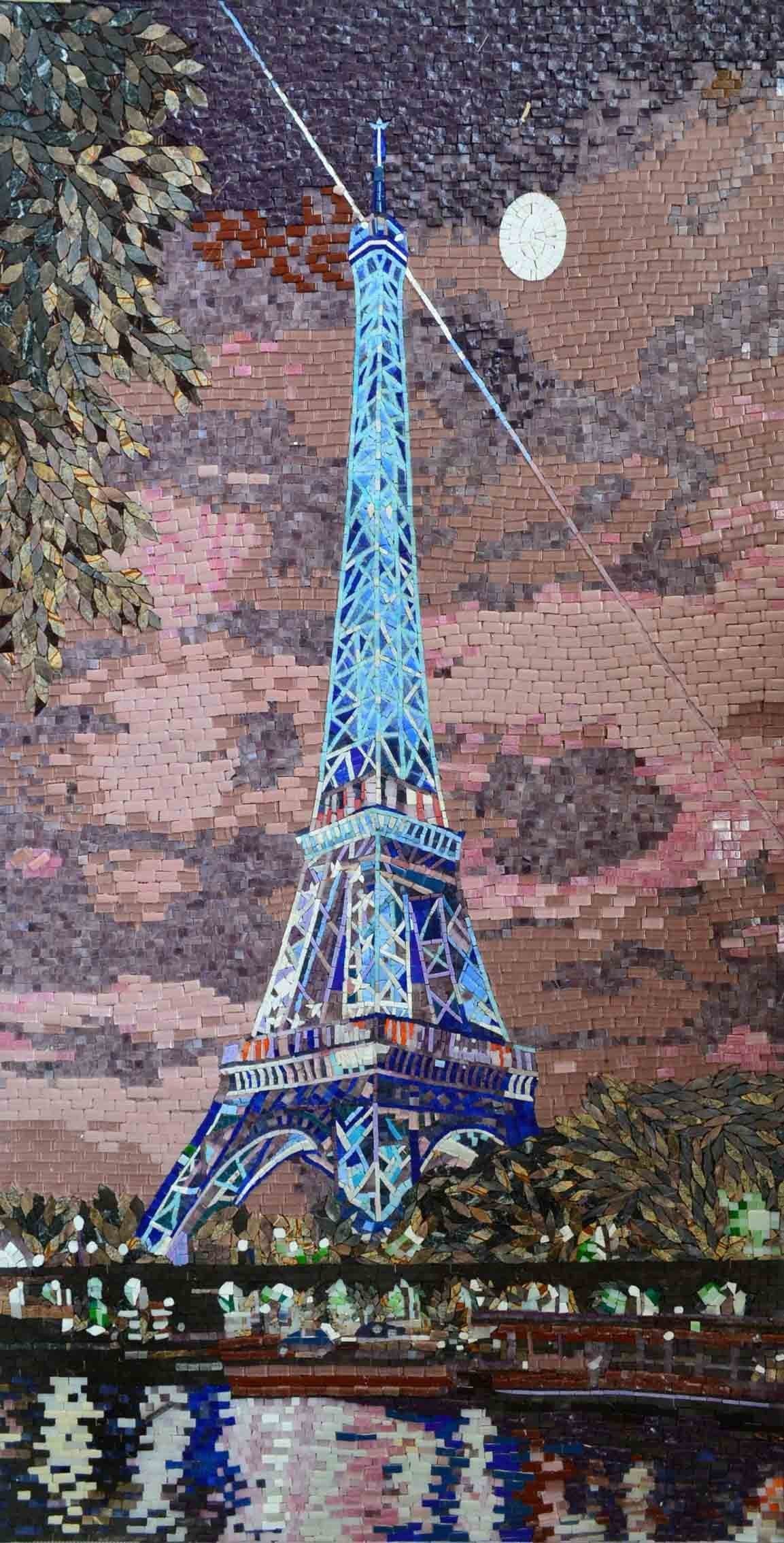 Eiffel Tower at Moonlight Scenery Glass and Marble Mosaic Mural Mozaico