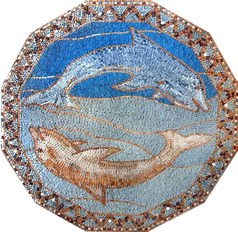 Blue and Golden Fish Mosaic Medallion