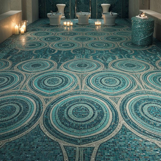 Grand luxury spa lounge featuring a stunning Art Deco geometric mosaic floor in warm gold and cream tones, creating an inviting, opulent ambiance.