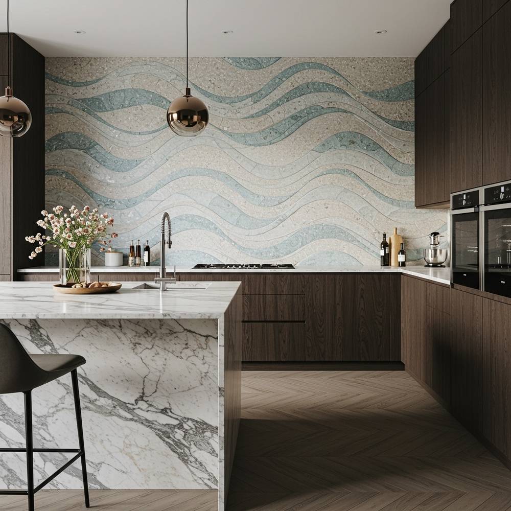 Contemporary kitchen with a mosaic wall panel, embodying Renaissance symmetry, offering aesthetic help for luxurious mosaic design.