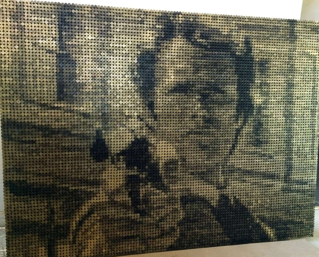 Large portrait of a face built from a grid of small repeated units in muted green and brown