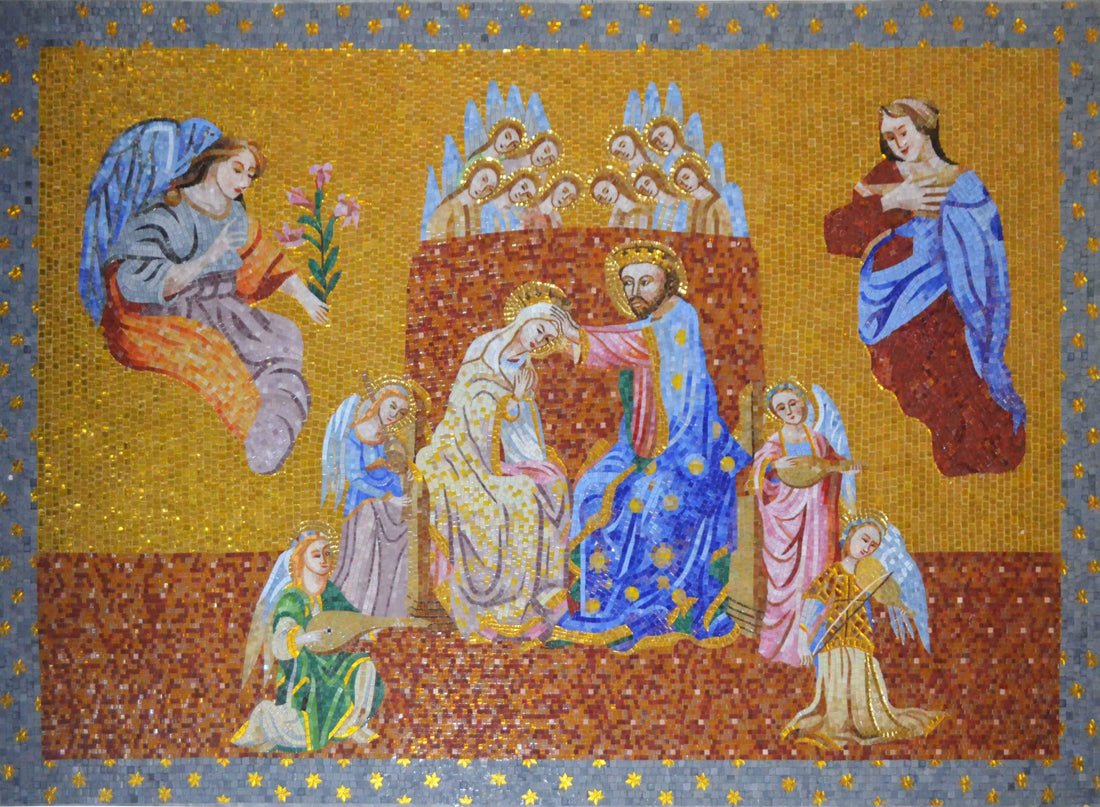 Gold-ground mosaic of Christ crowning the Virgin, surrounded by angels with musical instruments