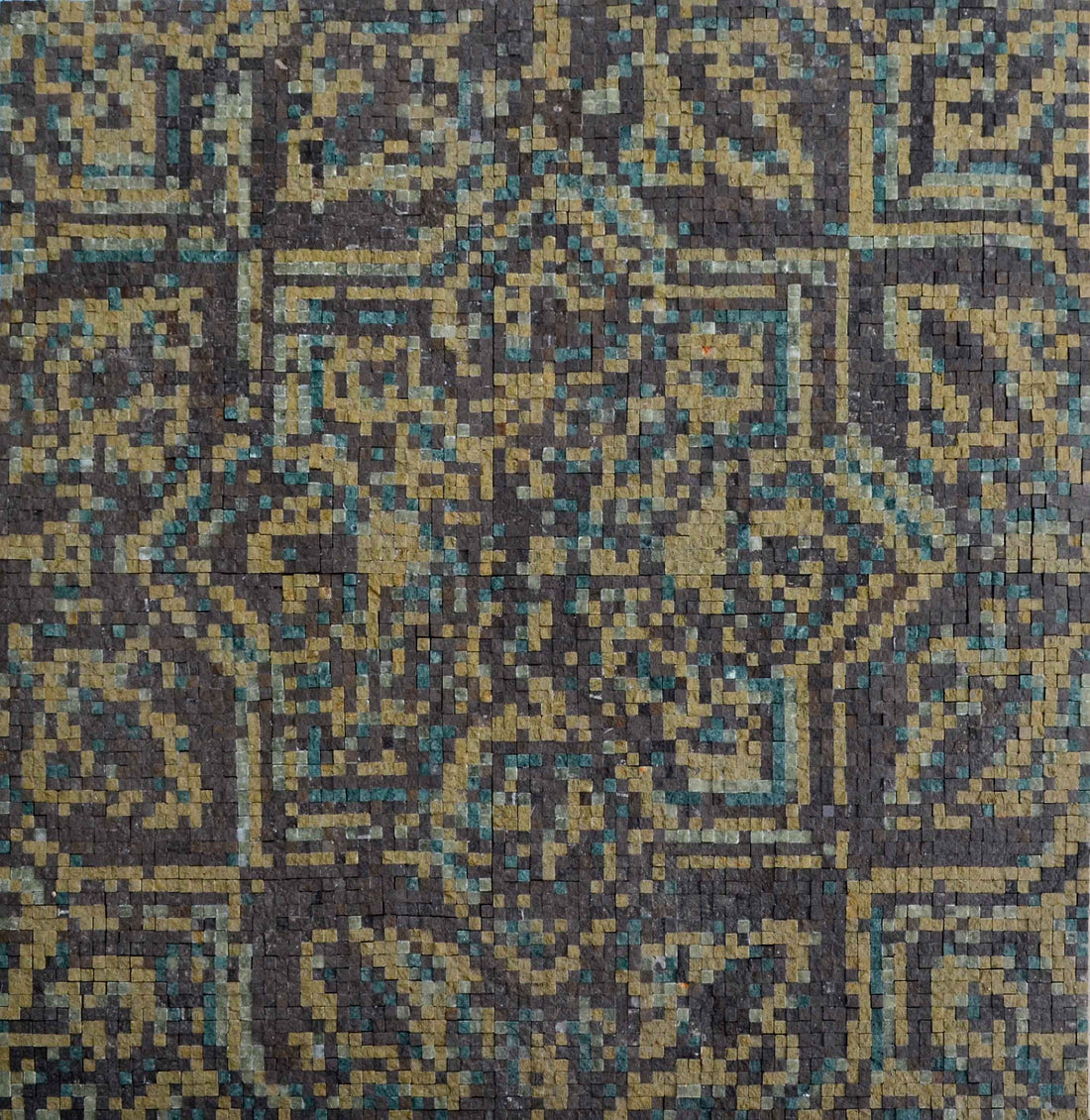 Intricate interlocking geometric mosaic pattern in ochre, grey and cream