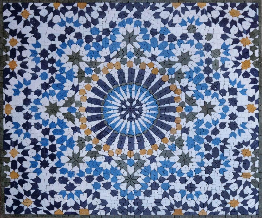 Geometric mosaic panel with a radiating star medallion in blue, white and ochre