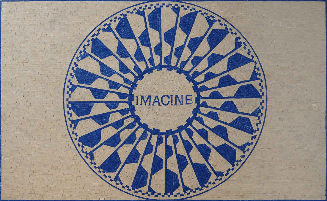The Imagine mosaic at Strawberry Field, a blue and white radiating circle