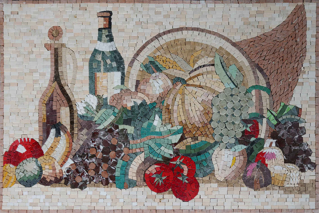 Mosaic still life of a cornucopia spilling grapes, tomatoes, squash and wine bottles across a cream tile ground