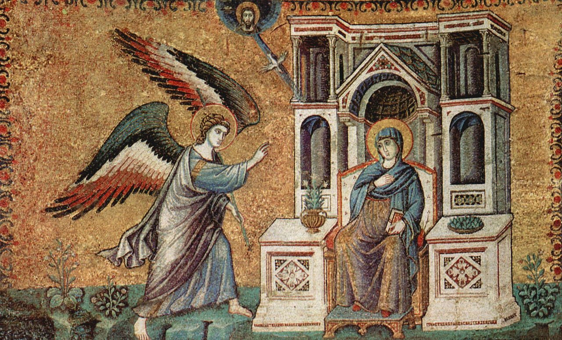 Byzantine mosaic of an angel beside a seated figure under an arch