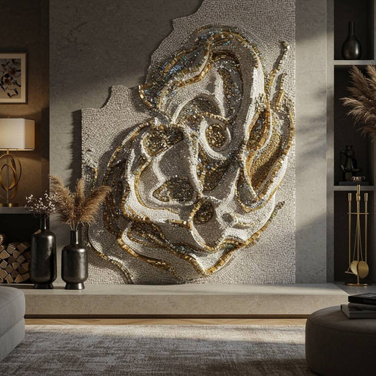 An artisan's hands creating a hand-cut modern abstract mosaic, showcasing raw stone tesserae and tactile topography in progress.
