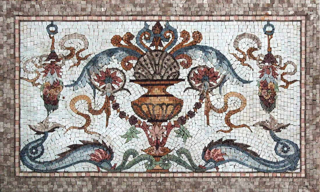 Classical marble mosaic panel with a central urn, scrollwork and dolphins inside a stone border