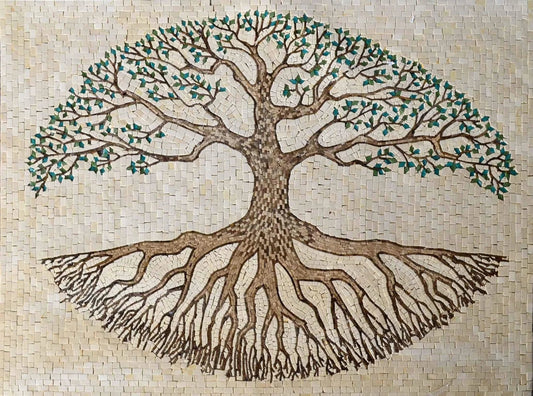 Eternal Tree of Life marble mosaic in beige stone with green leaves, by Mozaico
