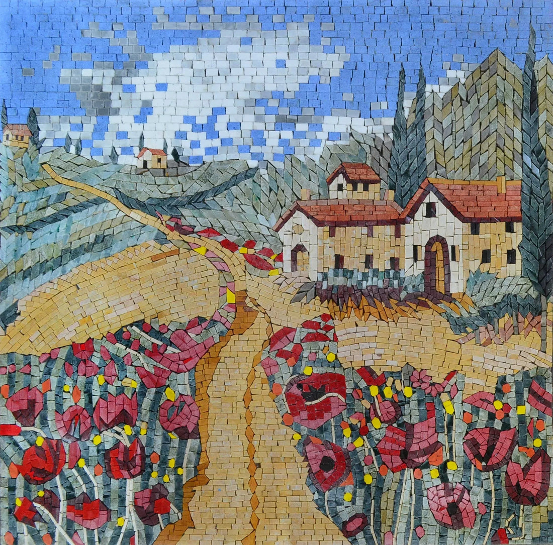 Mosaic of a Tuscan farmhouse among cypresses, with a winding path through red poppies