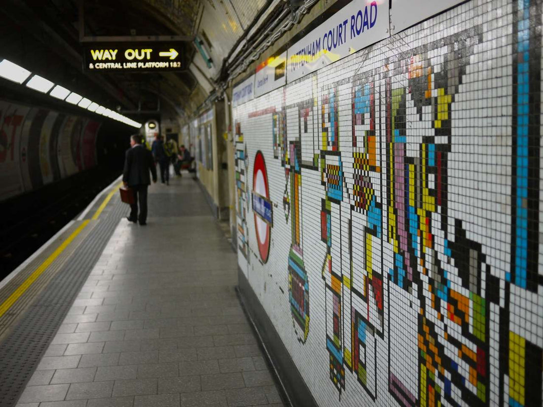 Eduardo Paolozzi's abstract mosaic panels lining the passageway at Tottenham Court Road station, London