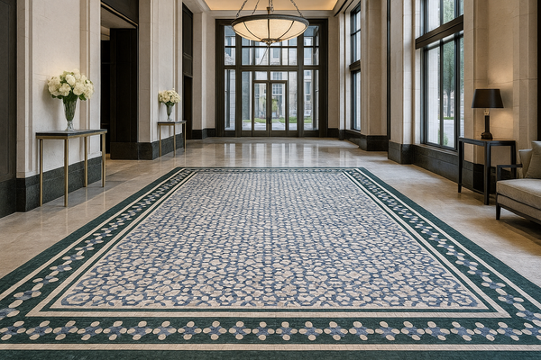 Geometric Harmony: A Mosaic Carpet of Blue and White
