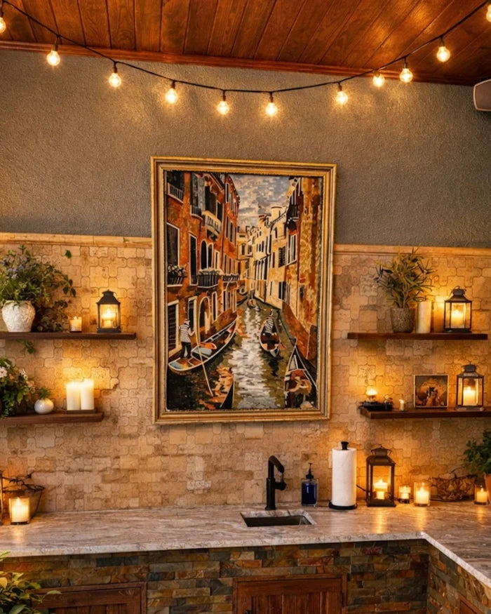 Venice Grand Canal View - Marble Mosaic Portrait Fascinating Italy Handmade Luxury Art - Mesh Backing