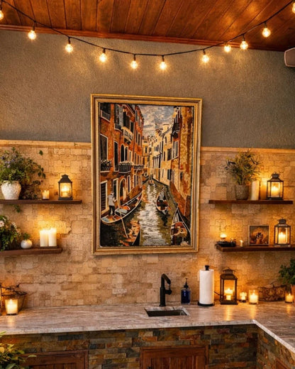 Venice Grand Canal View - Marble Mosaic Portrait Fascinating Italy Handmade Luxury Art - Mesh Backing