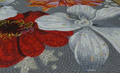 Red & White Botanical Blooms – Large Floral Glass Mosaic Feature Wall Art - Mesh Backing
