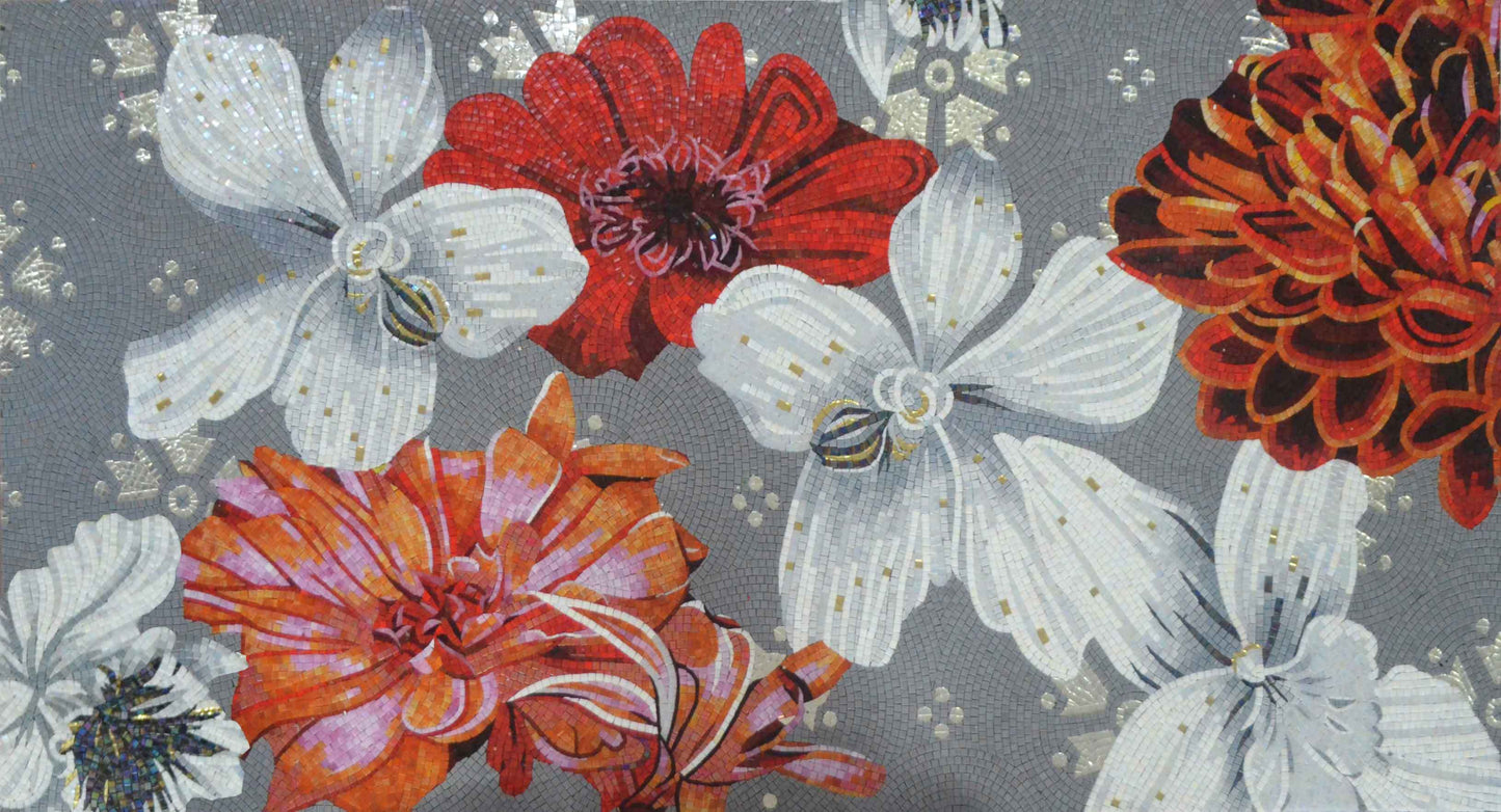 Red & White Botanical Blooms – Large Floral Glass Mosaic Feature Wall Art - Mesh Backing