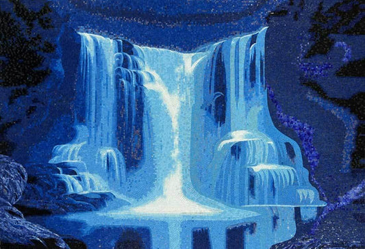 Blue Waterfall Night Scene – Large Handmade Glass Mosaic Wall Art - Mesh Backing