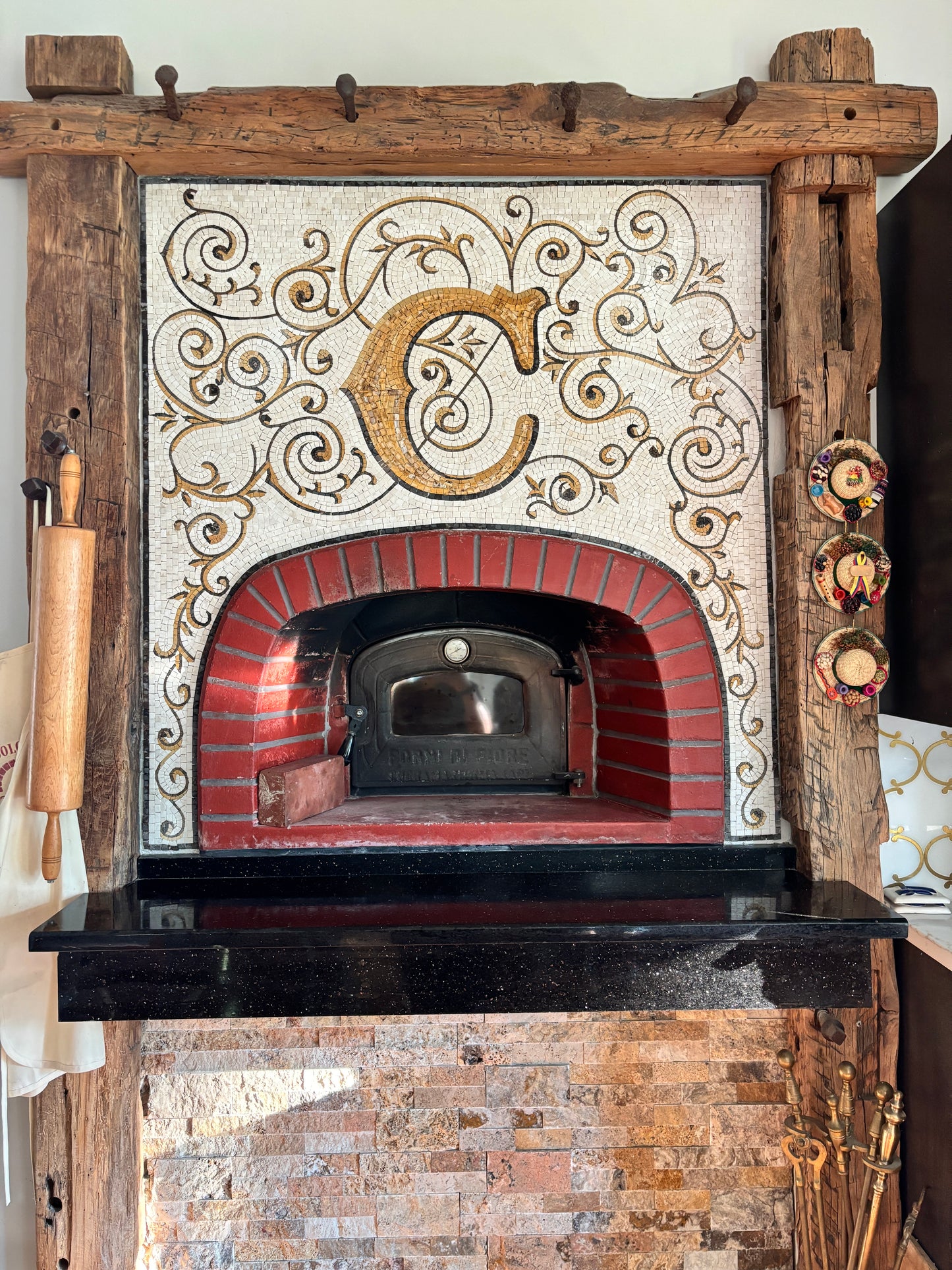 Custom Mosaic Pizza Oven Arch – Handmade Monogram Tile Art for Rustic Kitchens