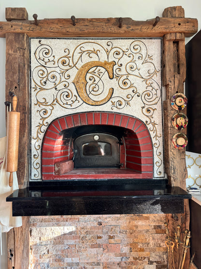 Custom Mosaic Pizza Oven Arch – Handmade Monogram Tile Art for Rustic Kitchens