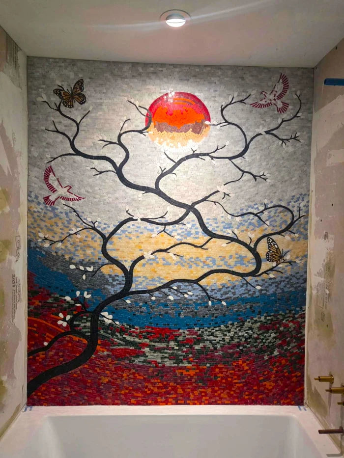 Japanese Cherry Blossom Tree Marble Mosaic Wall Art – Nature Scene with Birds & Butterflies - Mesh Backing