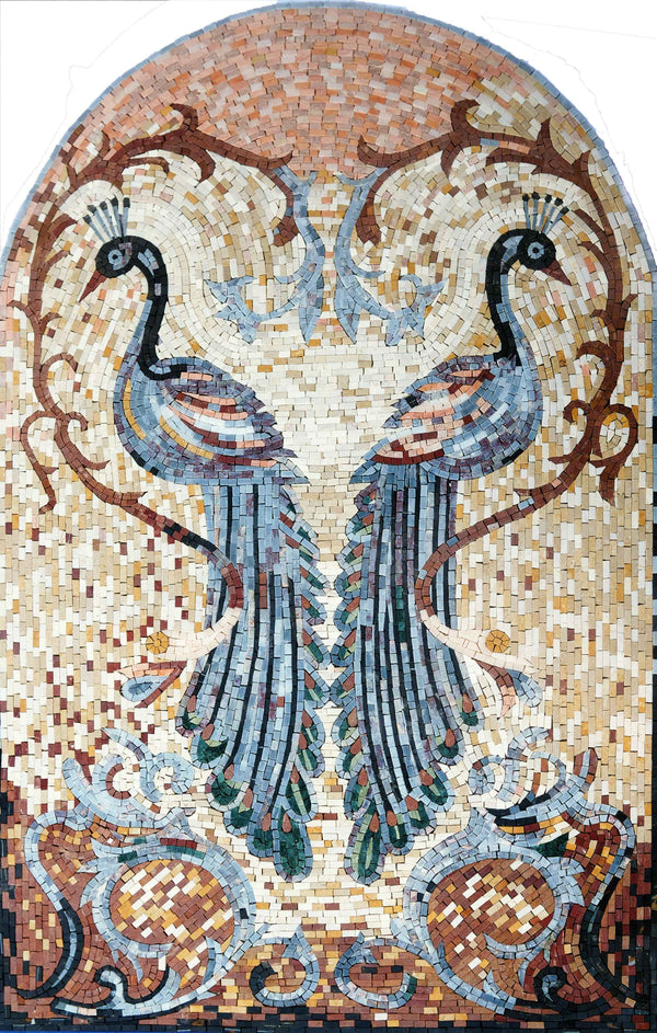 Majestic Twin Peacocks - Marble Mosaic Tile Art Wall - Mesh Backing