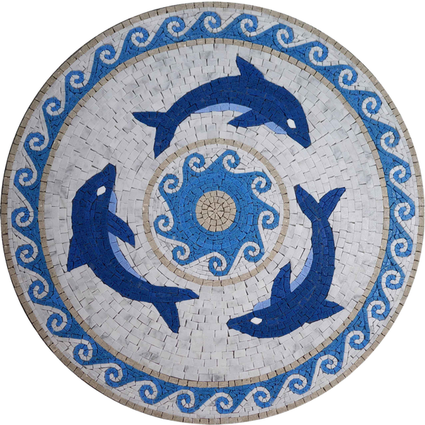 Aquatic Dolphins - Marble Mosaic Medallion Stone Decor - Mesh Backing