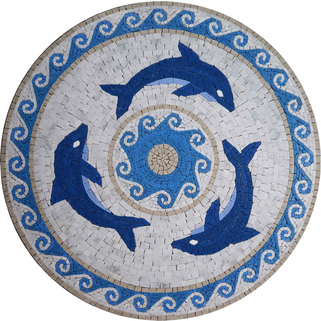 Delfines Medallón Mosaico Mármol Arte