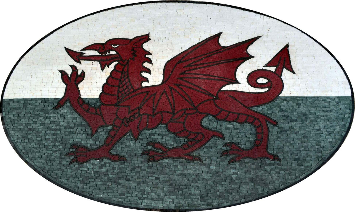 Welsh Dragon Mosaic – Marble Oval Design in Red, White & Green - Mesh Backing