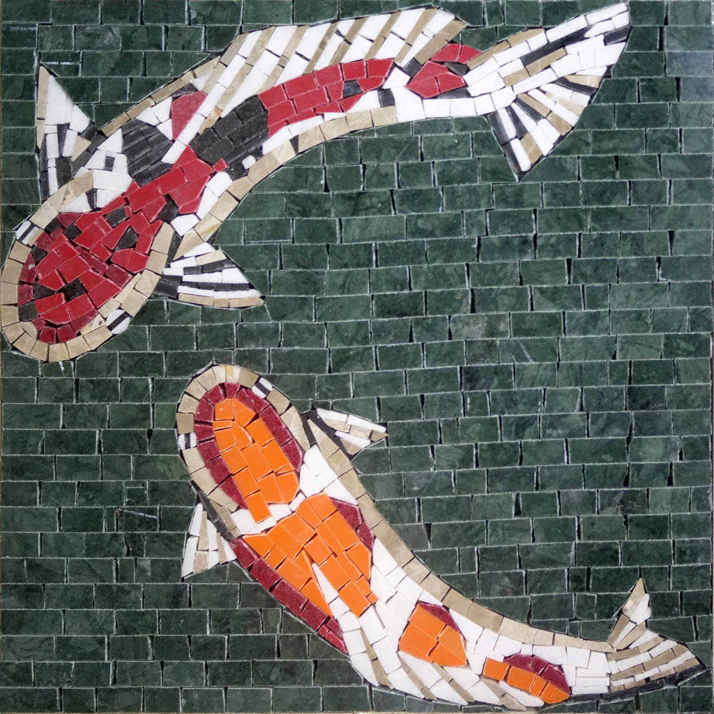 Arte em mosaico feito à mão: Duo de peixes Koi vermelhos e laranja vibrantes