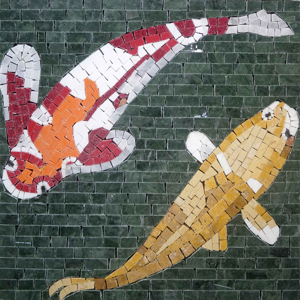 Art de tuile de mosaïque de poisson : paire ludique de Koi jaune et rouge-orange