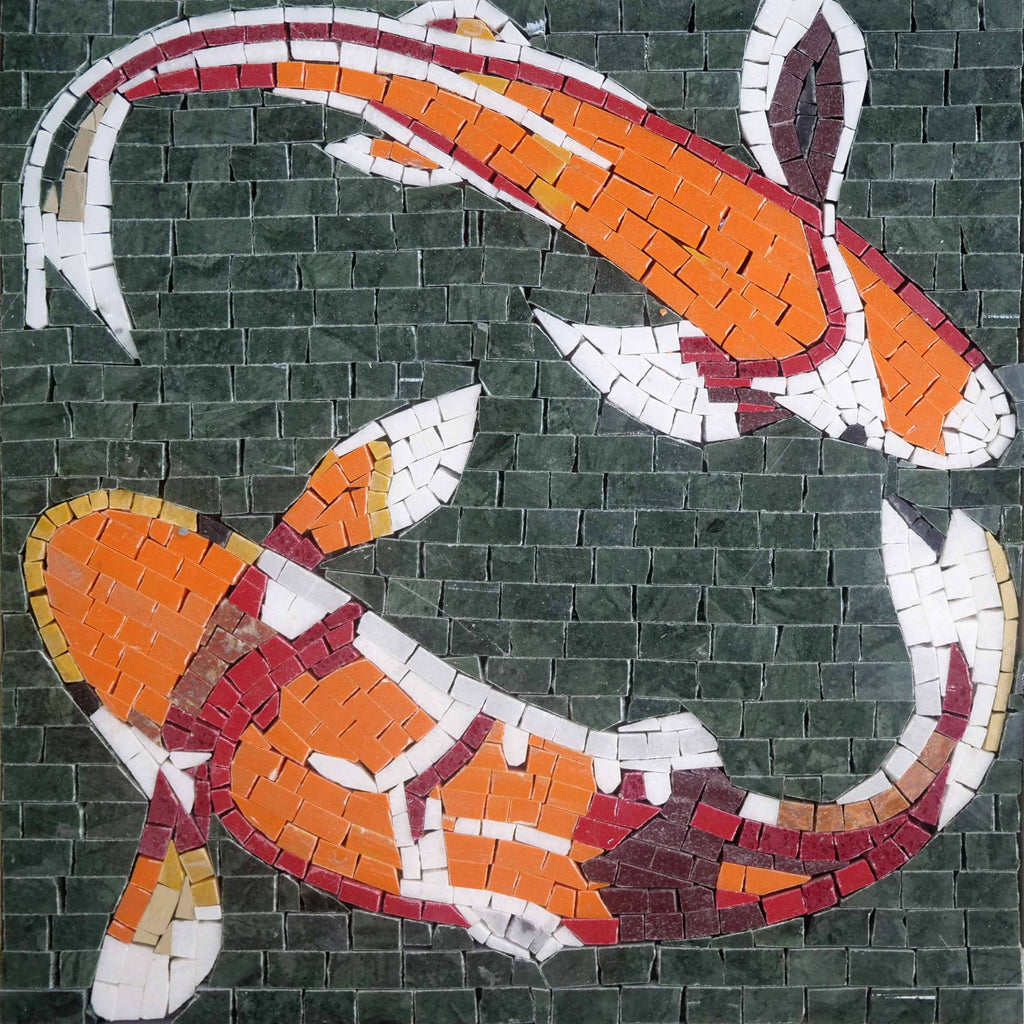 Elegante Duo de Peixe Koi Laranja em Arte em Mosaico Artesanal