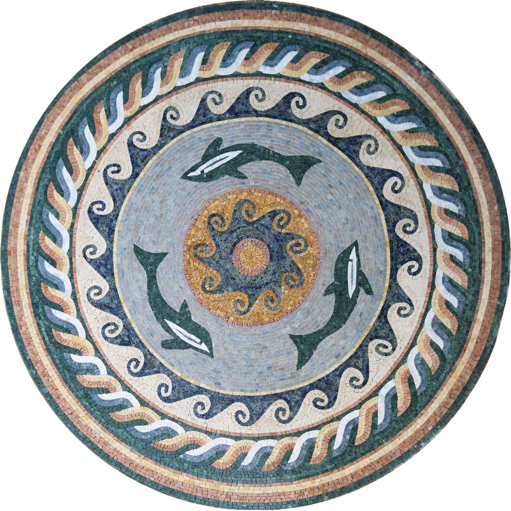 Il medaglione a mosaico nautico del trio di delfini