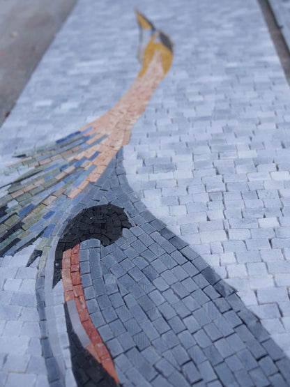 Great Blue Heron in Flight Pose – Vertical Bird Marble Mosaic Wall Art - Mesh Backing