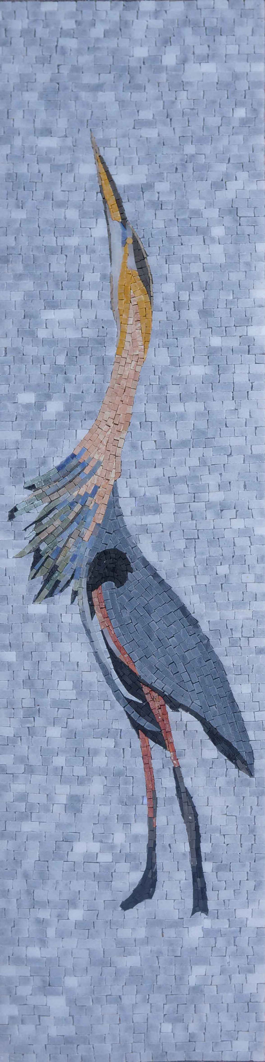 Great Blue Heron in Flight Pose – Vertical Bird Marble Mosaic Wall Art - Mesh Backing