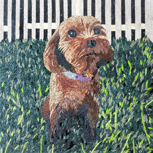 Dog Portrait in Garden – Handmade Natural Marble Mosaic Wall Art - Mesh Backing