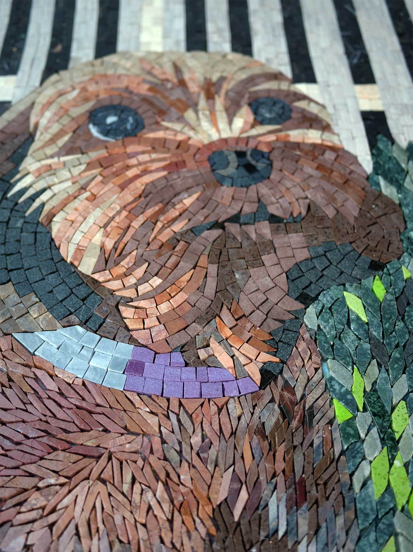 Dog Portrait in Garden – Handmade Natural Marble Mosaic Wall Art - Mesh Backing