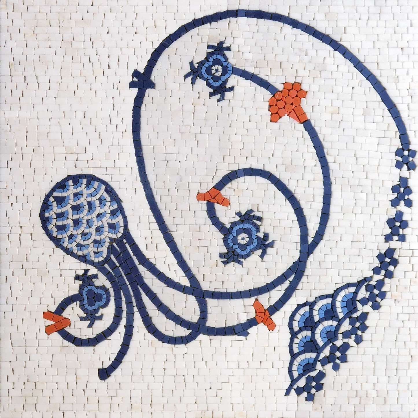 Ottoman/Iznik Inspired Blue and White Floral Mosaic Tile Art - Swirling Design Wall Panel