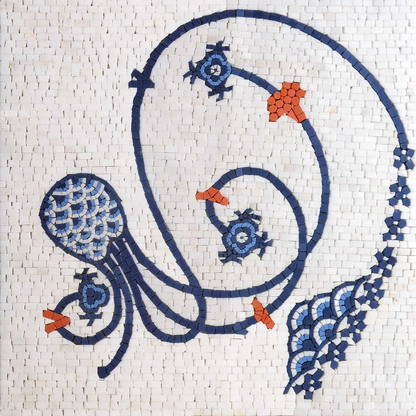 Ottoman/Iznik Inspired Blue and White Floral Mosaic Tile Art - Swirling Design Wall Panel