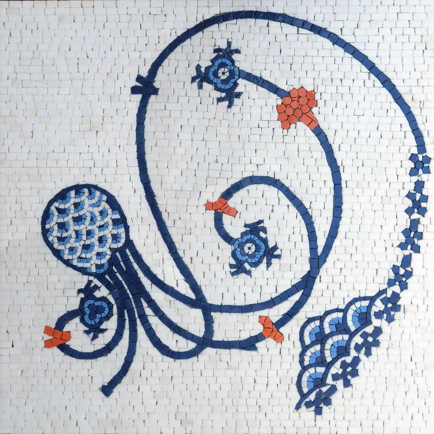 Ottoman/Iznik Inspired Blue and White Floral Mosaic Tile Art - Swirling Design Wall Panel