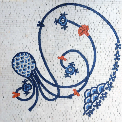 Ottoman/Iznik Inspired Blue and White Floral Mosaic Tile Art - Swirling Design Wall Panel