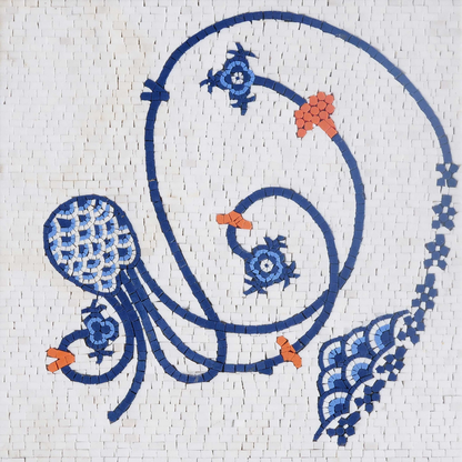 Ottoman/Iznik Inspired Blue and White Floral Mosaic Tile Art - Swirling Design Wall Panel