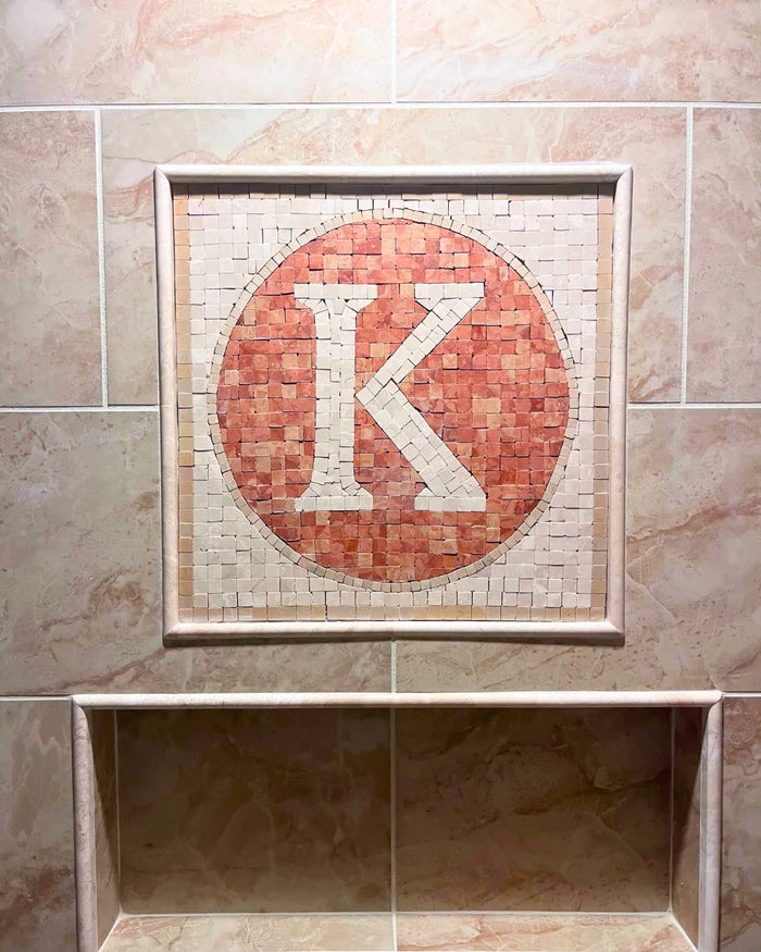 Letter K Marble Mosaic Medallion – Custom Initial Logo Floor & Wall Tile - Mesh Backing