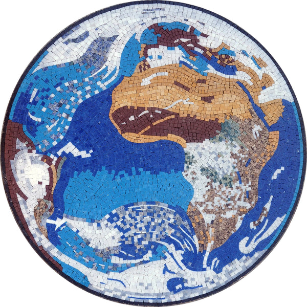 Earth Globe Pattern - Round Mosaic World Map Medallion - Mesh Backing