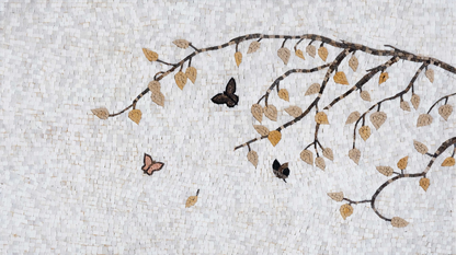 "Autumn Branch" Natural Stone Floral Mosaic Tile - Tree Branch and Butterfly Wall Art