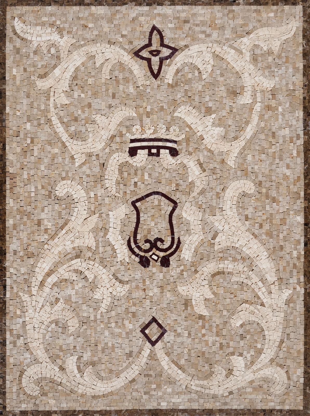 Classic Heraldic Mosaic Tile Rug - Baroque Coat of Arms and Fleur-de-Lis Natural Stone Floor Inlay