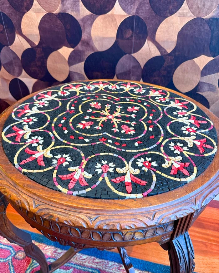 Dark Floral Medallion Round Mosaic – Handmade Marble Art - Mesh Backing
