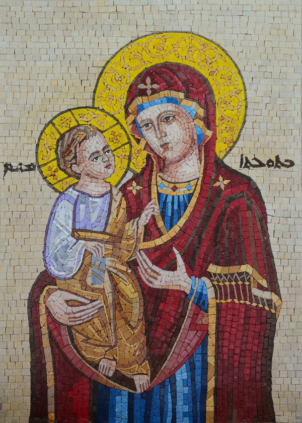 Our Lady And Child - Marble Mosaic Religious - Mesh Backing